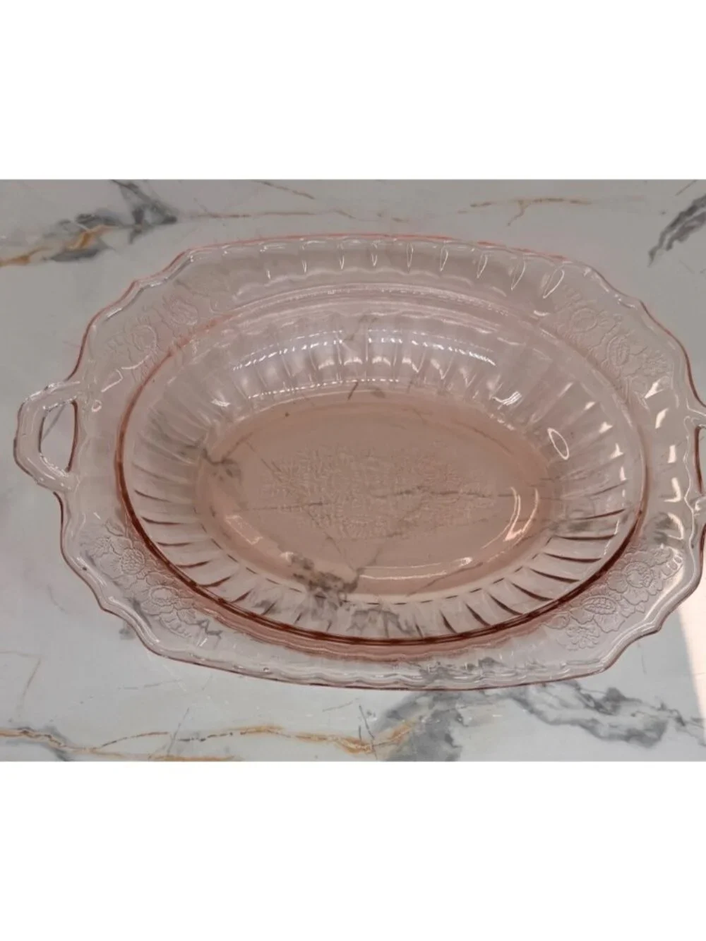 Vintage Anchor Hocking Mayfair Open Rose pink depression glass oval handled serv